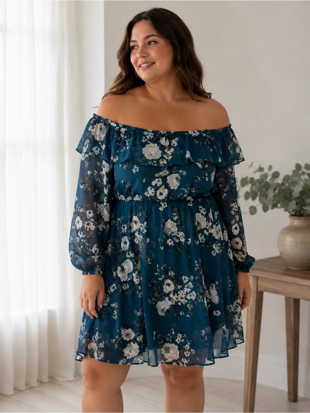 Torrid Teal Floral Off-Shoulder Chiffon Dress Size 1